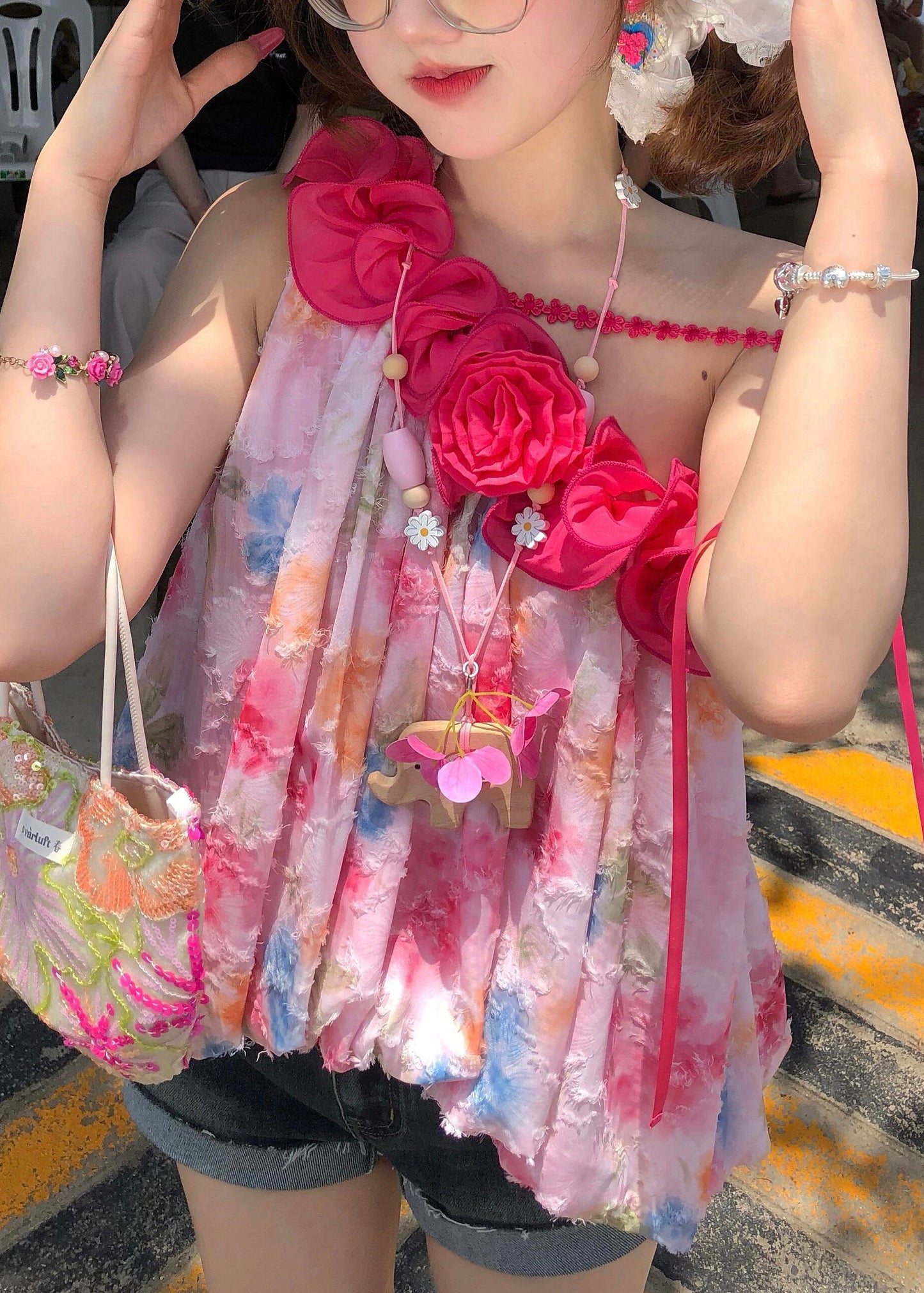Simple Pink Floral One Shoulder Print Chiffon Tanks Sleeveless