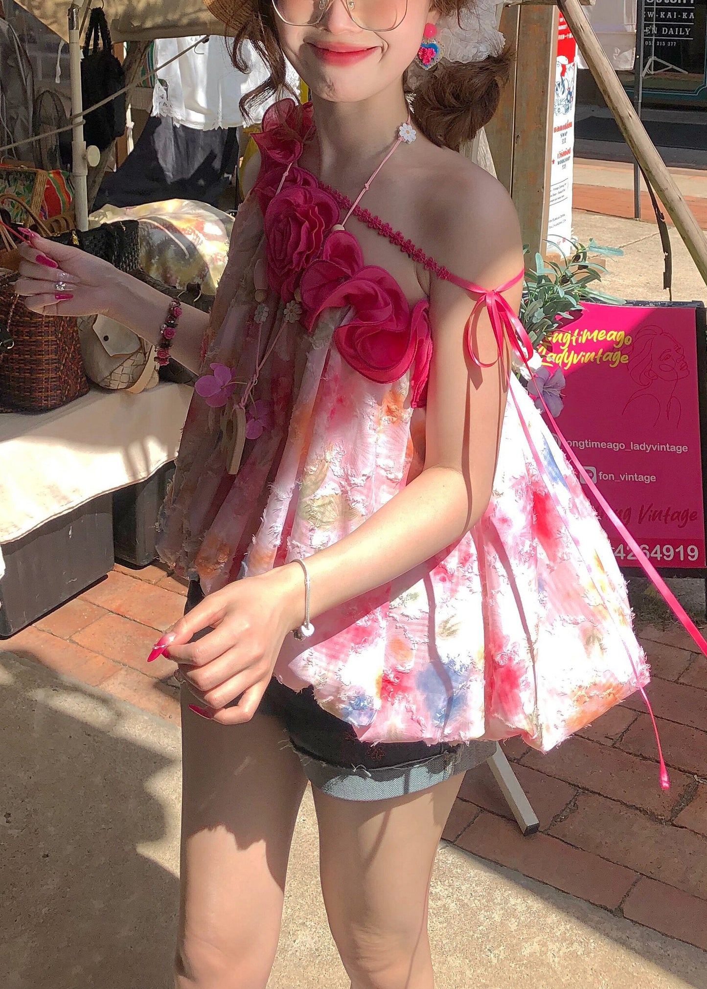 Simple Pink Floral One Shoulder Print Chiffon Tanks Sleeveless