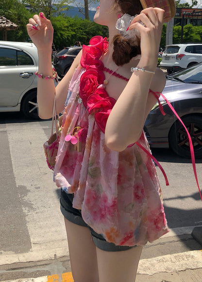 Simple Pink Floral One Shoulder Print Chiffon Tanks Sleeveless