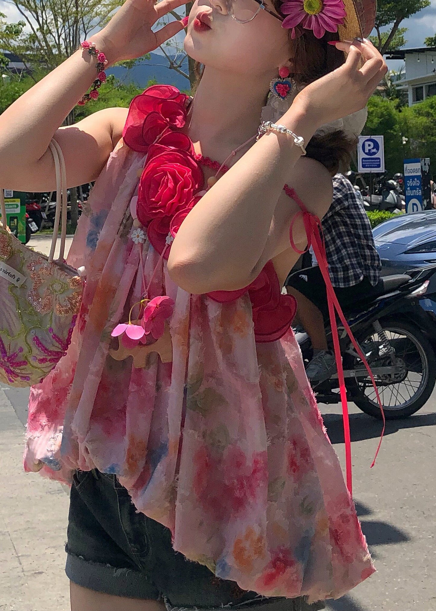 Simple Pink Floral One Shoulder Print Chiffon Tanks Sleeveless