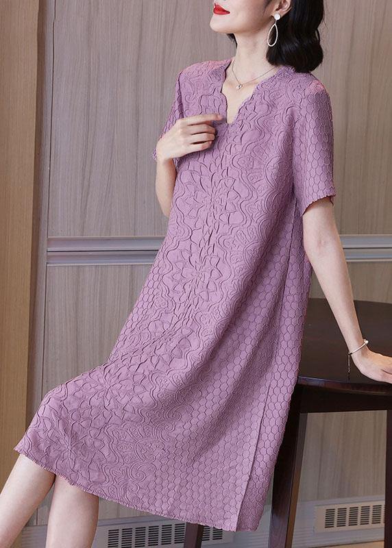 Simple Pink Jacquard V Neck Summer Dress - SooLinen