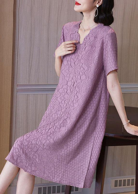 Simple Pink Jacquard V Neck Summer Dress - SooLinen