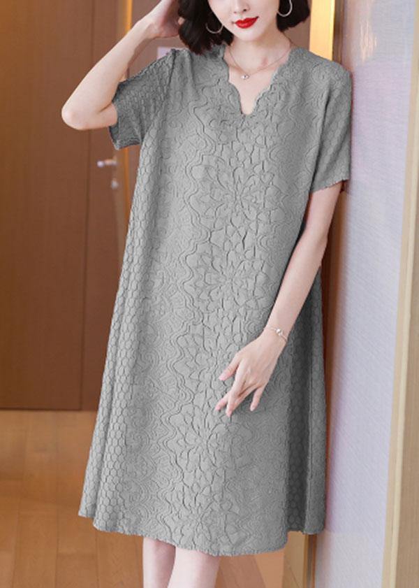 Simple Pink Jacquard V Neck Summer Dress - SooLinen