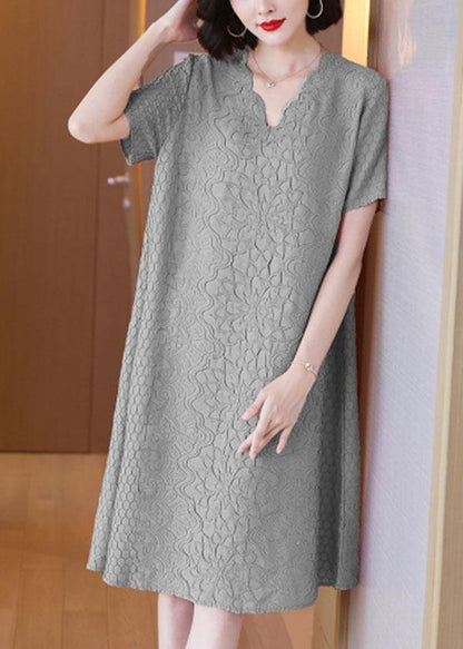 Simple Pink Jacquard V Neck Summer Dress - SooLinen