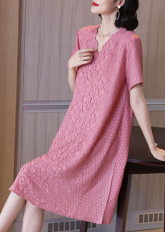 Simple Pink Jacquard V Neck Summer Dress - SooLinen