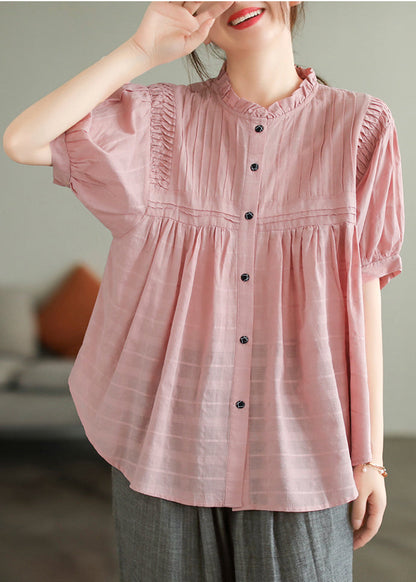 Simple Pink Oversized Wrinkled Cotton Blouse Top Summer