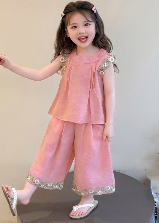 Simple Pink Patchwork Kids Top And Wide Leg Pants Two Piece Set Sleeveless