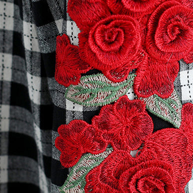 Schlichte karierte Baumwoll-Steppkleider in Übergröße, Tunika-Oberteile, Reversstickerei, Kunsthemdkleid