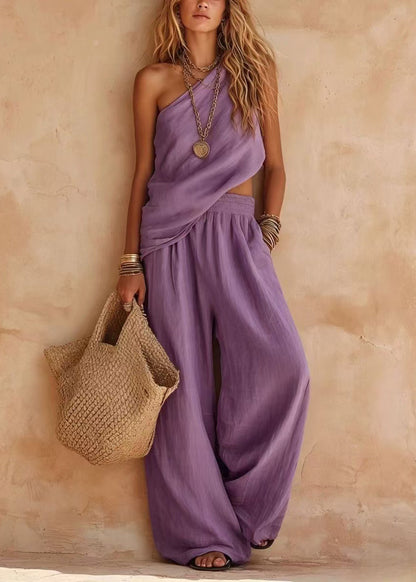 Simple Purple Asymmetrical Cotton Two Piece Set Sleeveless
