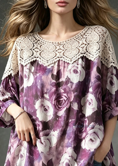 Simple Purple O-Neck Lace Patchwork Print Shirt Top Summer