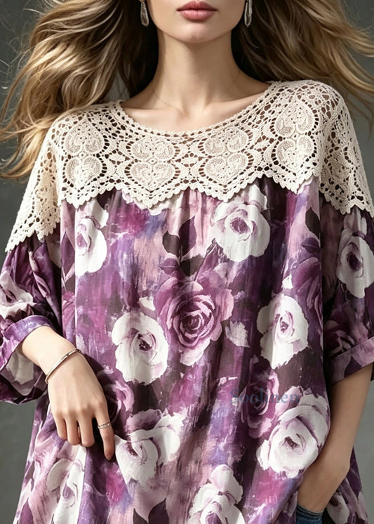Simple Purple O-Neck Lace Patchwork Print Shirt Top Summer