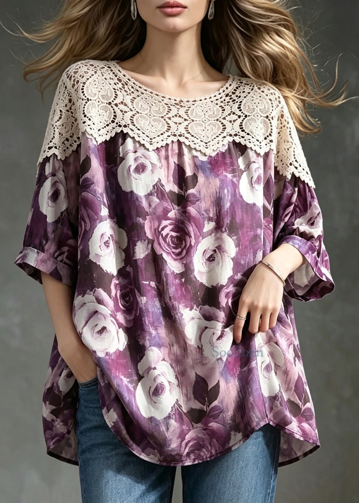 Simple Purple O-Neck Lace Patchwork Print Shirt Top Summer