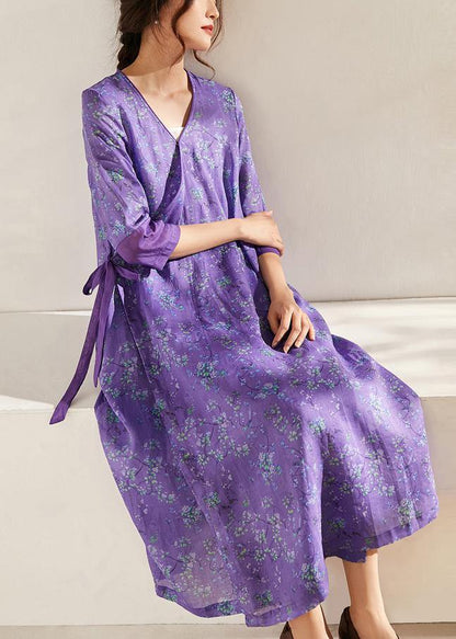 Simple Purple Patchwork Tie Waist Print Summer Ramie Vacation Dress - SooLinen