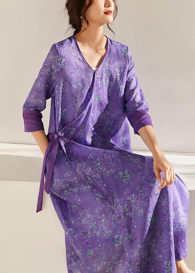 Simple Purple Patchwork Tie Waist Print Summer Ramie Vacation Dress - SooLinen