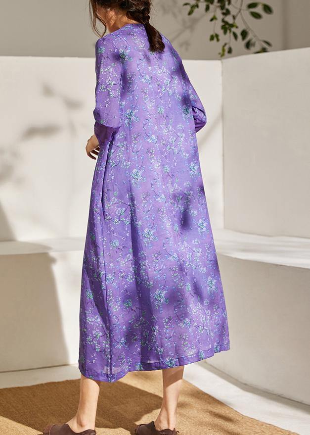 Simple Purple Patchwork Tie Waist Print Summer Ramie Vacation Dress - SooLinen