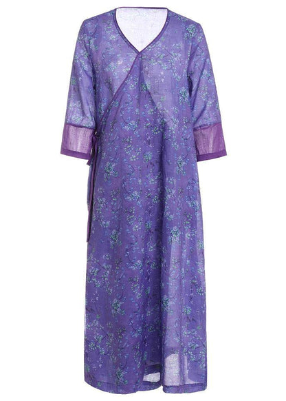Simple Purple Patchwork Tie Waist Print Summer Ramie Vacation Dress - SooLinen