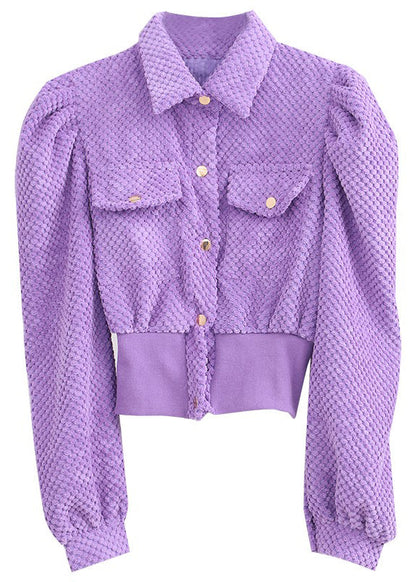 Einfacher lila Puffärmel-Knopfmantel Frühling