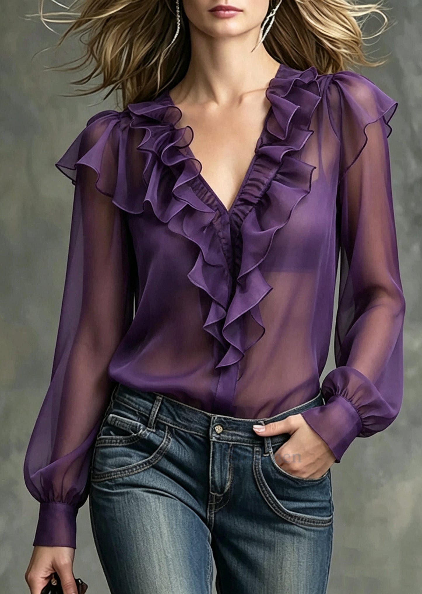 Simple Purple Ruffled Draping Chiffon Shirts Summer