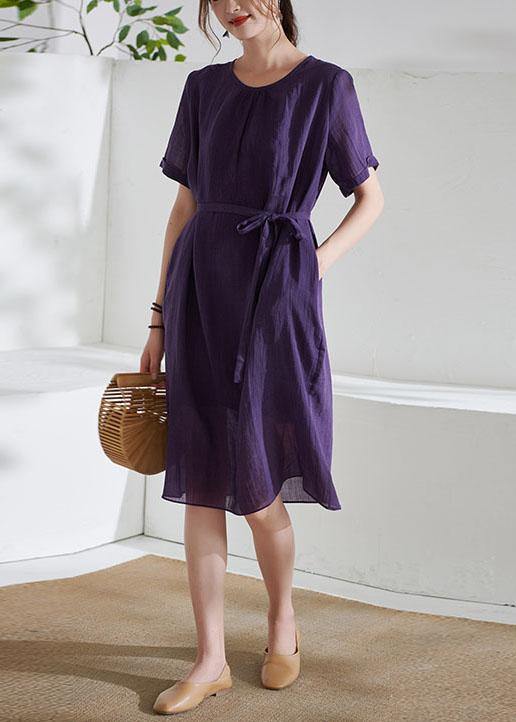 Simple Purple Tie Waist Embroideried Summer Ramie Vacation Dress - SooLinen