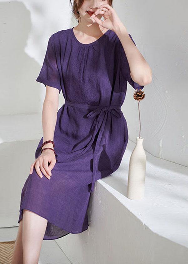 Simple Purple Tie Waist Embroideried Summer Ramie Vacation Dress - SooLinen