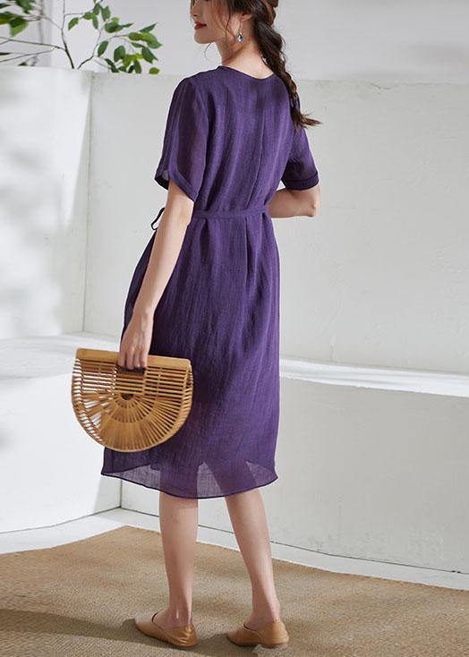 Simple Purple Tie Waist Embroideried Summer Ramie Vacation Dress - SooLinen