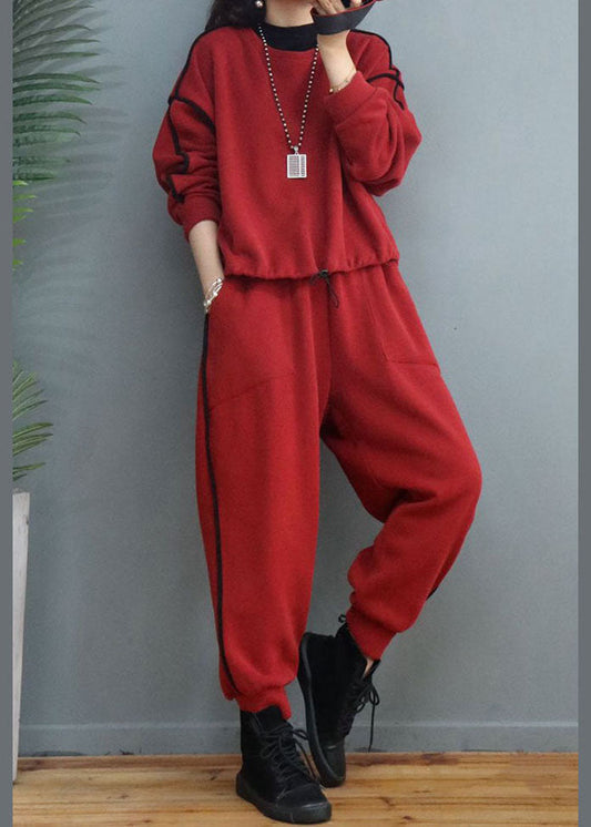 Simple Red Cinched Fine Cotton Filled Two Piece Set Winter