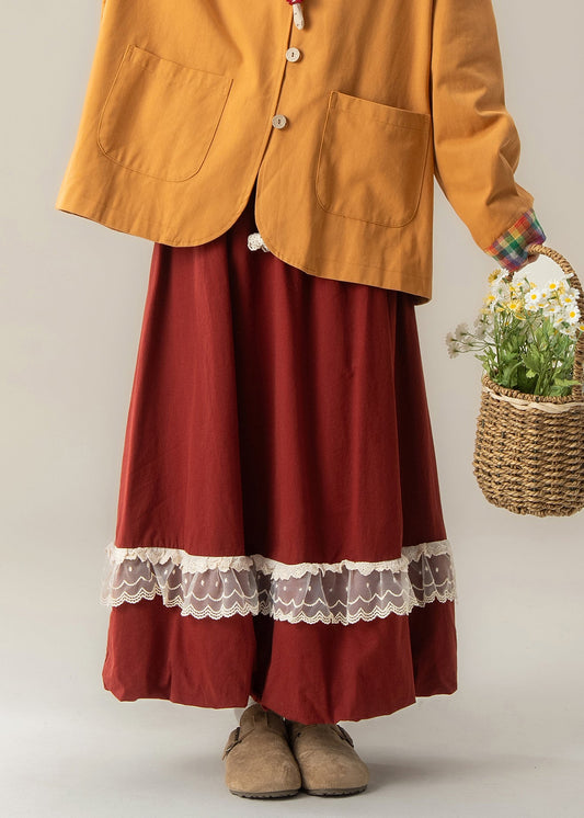 Einfacher roter Rock mit elastischem Bund, Patchwork-Spitze und festlichem Design für den Frühling