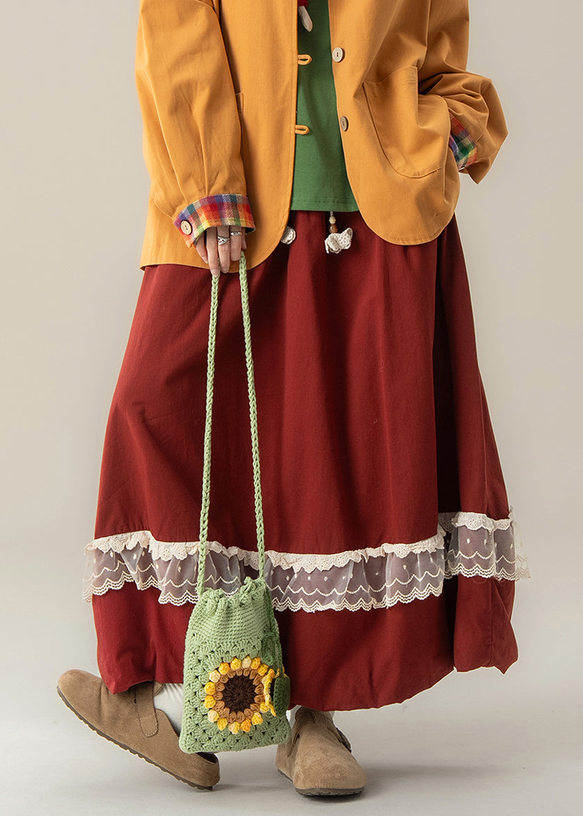 Falda de encaje con retazos y cintura elástica roja sencilla para vacaciones de primavera