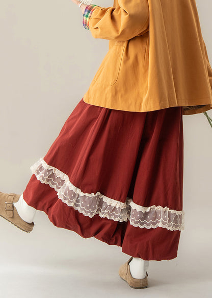 Falda de encaje con retazos y cintura elástica roja sencilla para vacaciones de primavera