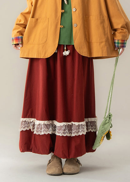 Falda de encaje con retazos y cintura elástica roja sencilla para vacaciones de primavera