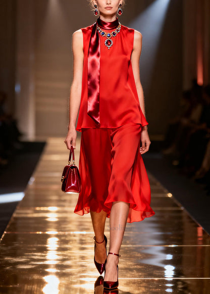 Simple Red Patchwork Draping Chiffon Straight Dress Sleeveless