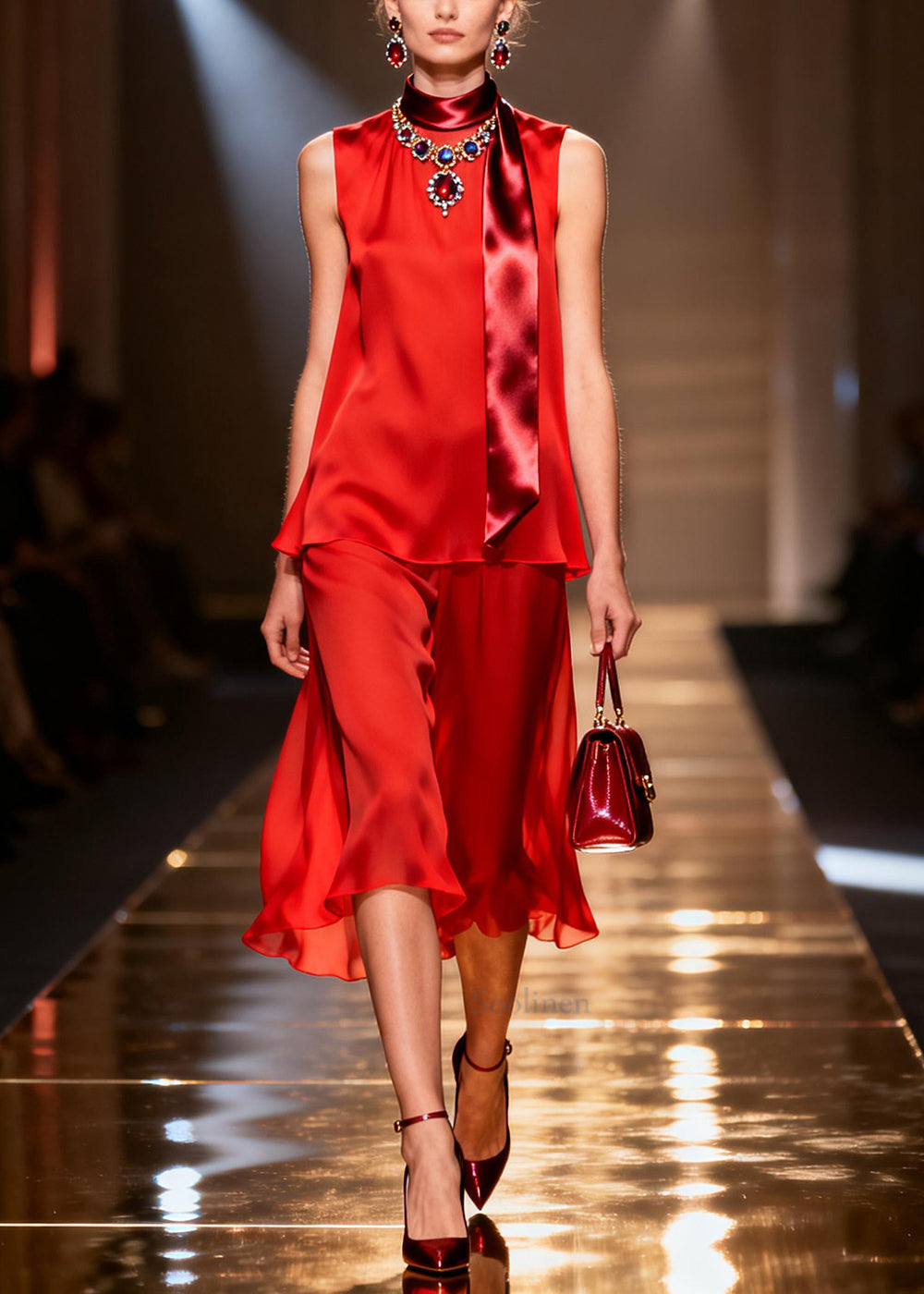 Simple Red Patchwork Draping Chiffon Straight Dress Sleeveless