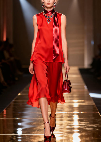 Simple Red Patchwork Draping Chiffon Straight Dress Sleeveless