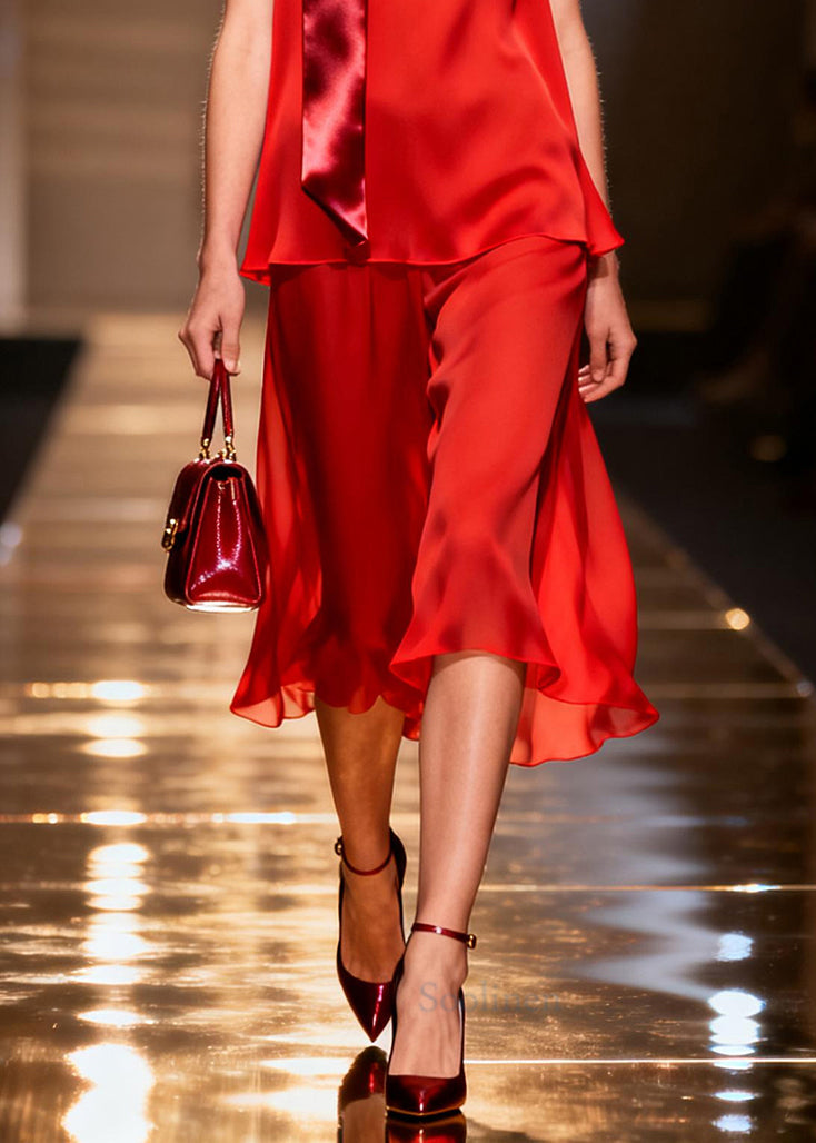 Simple Red Patchwork Draping Chiffon Straight Dress Sleeveless
