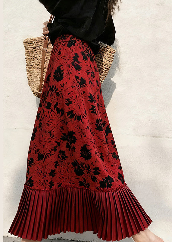 Einfacher roter Patchwork-Seidensamt-Faltenrock mit Print für den Frühling