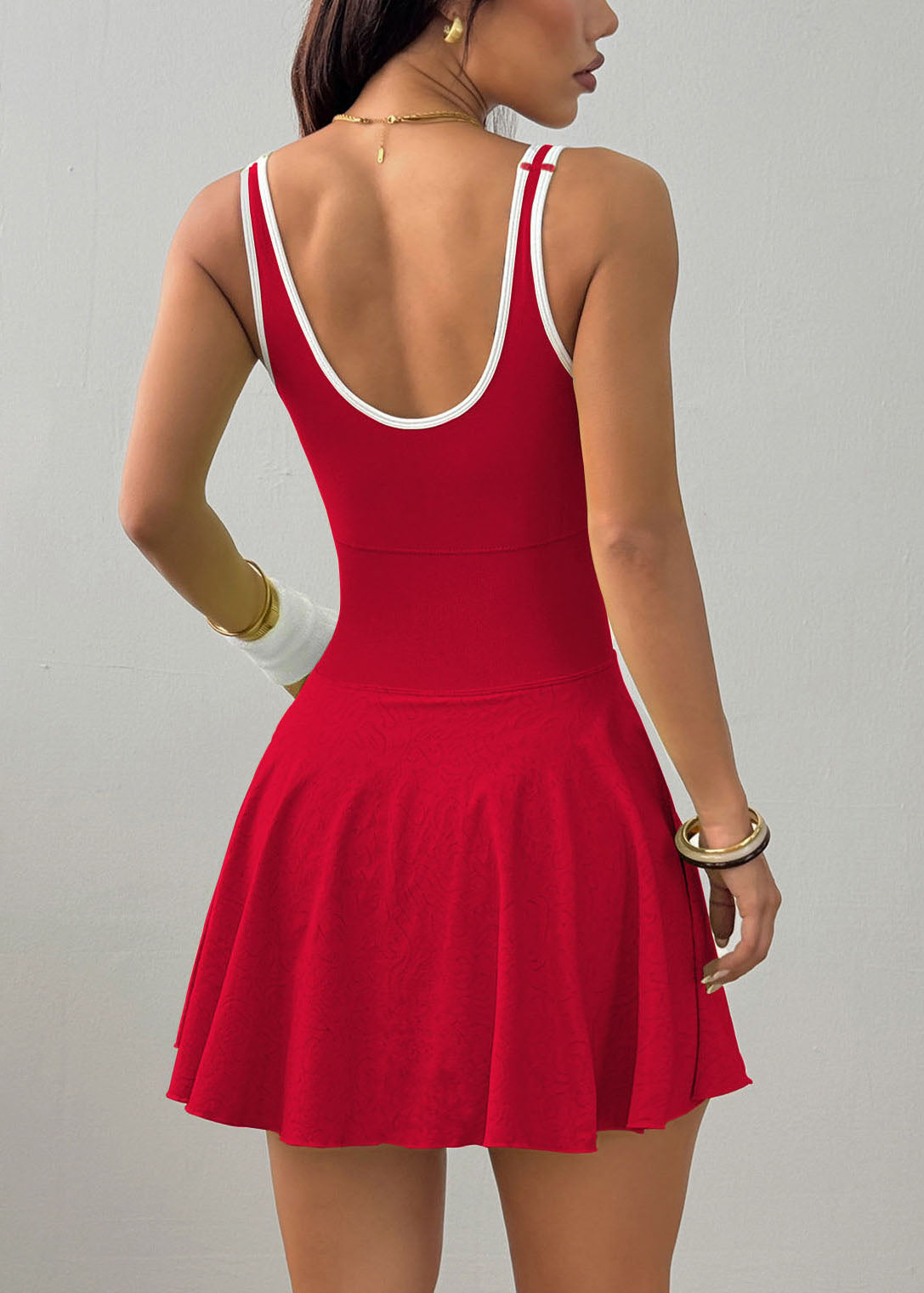 Simple Red U Neck Built-In Shorts Pockets Cami Dress Summer