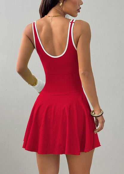 Simple Red U Neck Built-In Shorts Pockets Cami Dress Summer