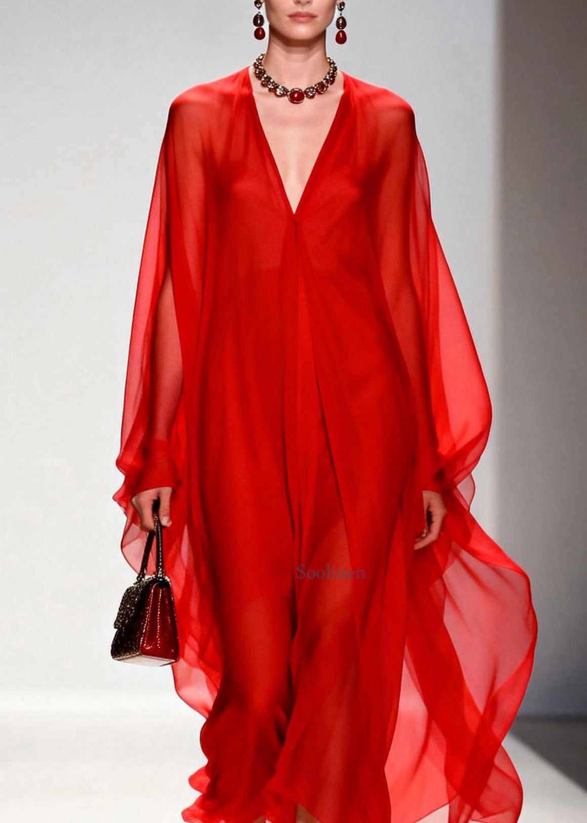 Simple Red V Neck Chiffon Long Dresses Spring