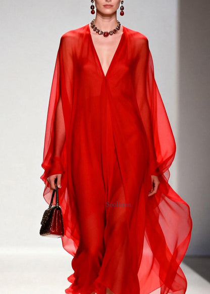 Simple Red V Neck Chiffon Long Dresses Spring