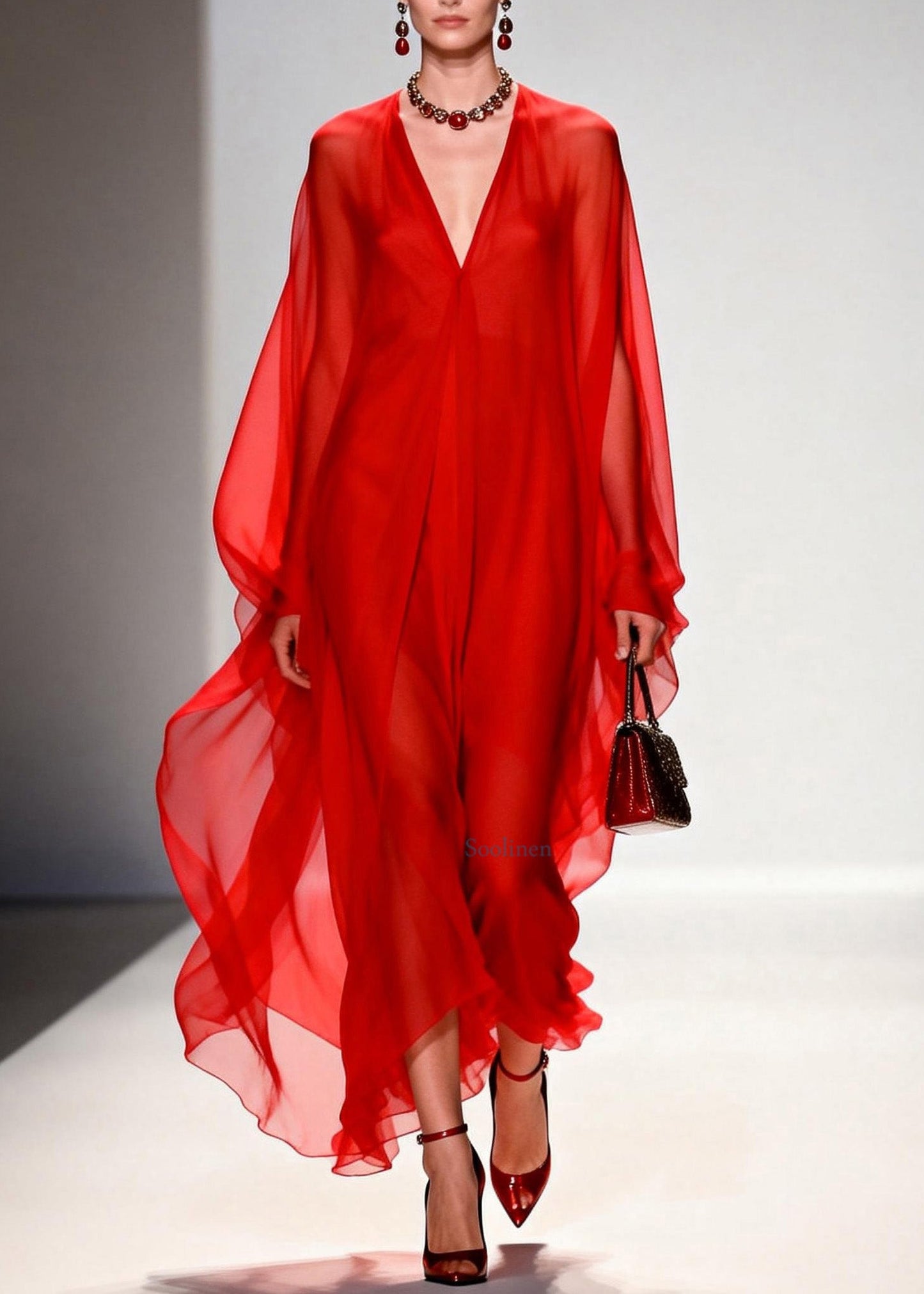Simple Red V Neck Chiffon Long Dresses Spring