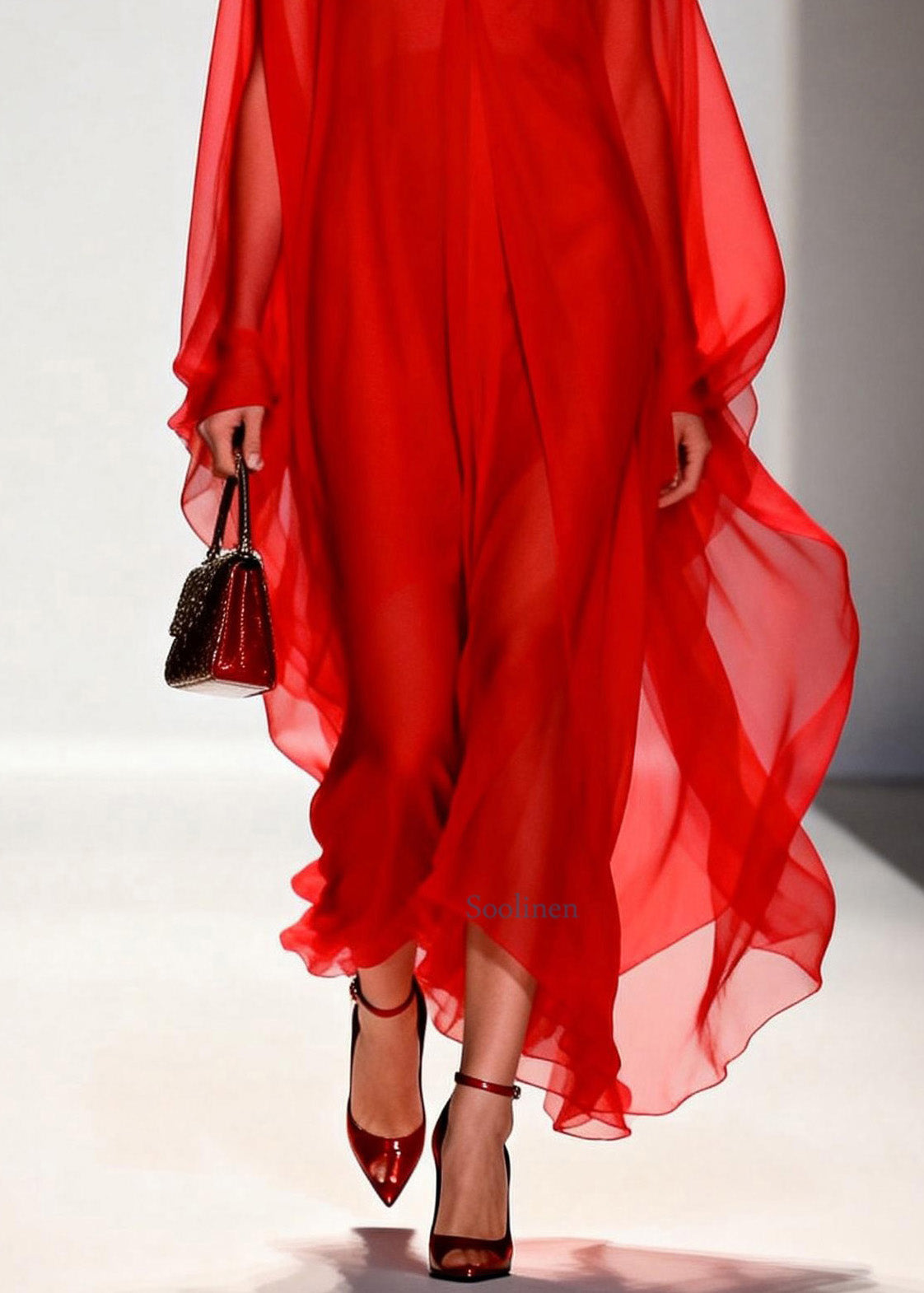 Simple Red V Neck Chiffon Long Dresses Spring