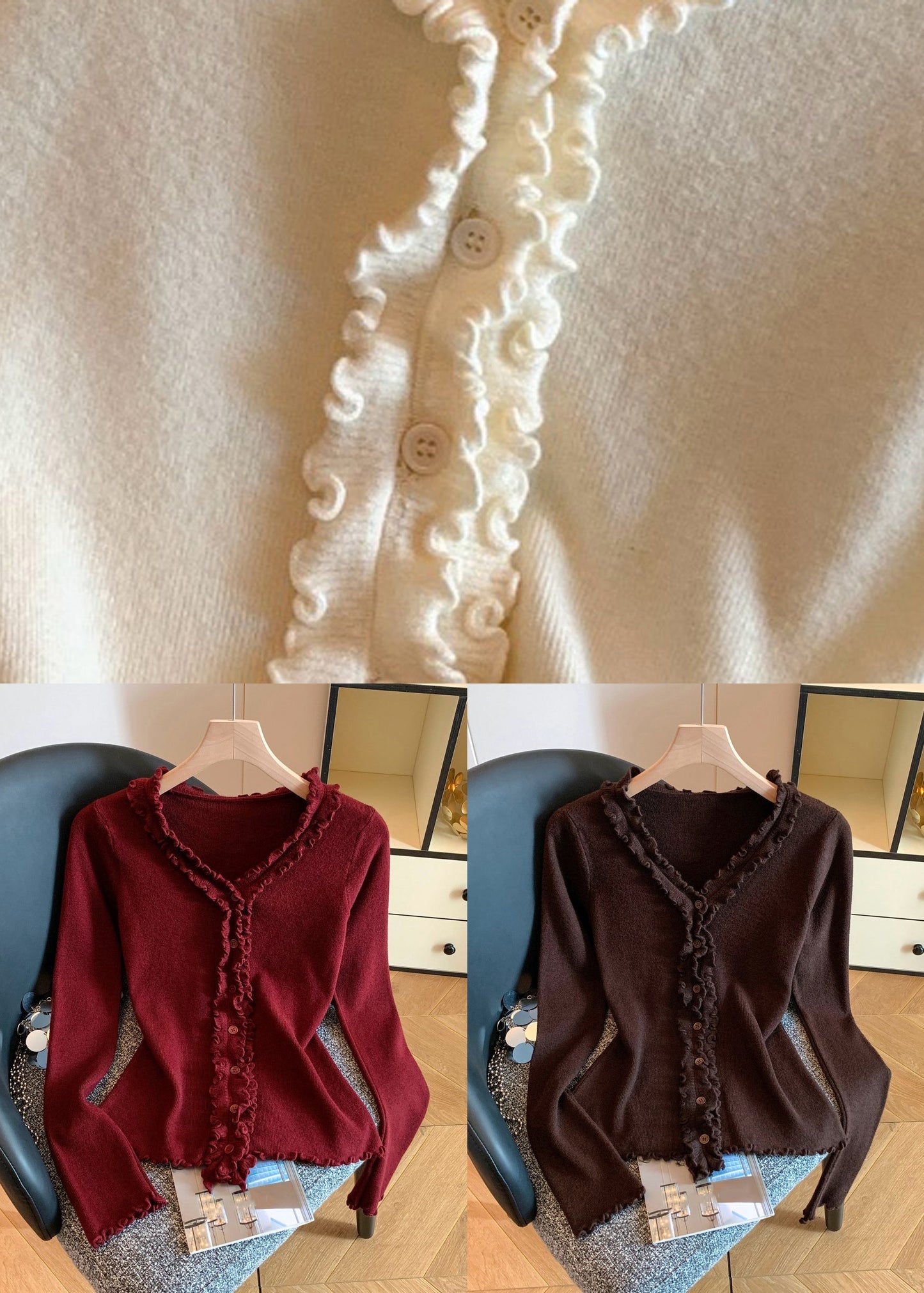 Einfacher roter Strickpullover mit V-Ausschnitt und Rüschen für den Herbst