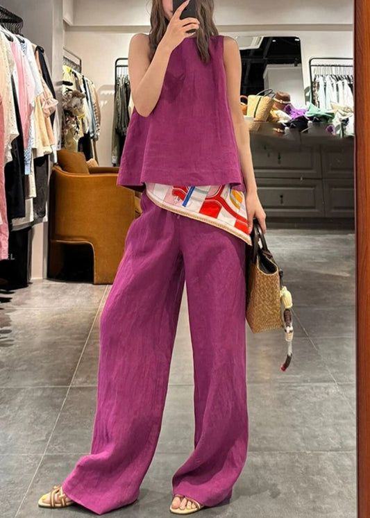 Simple Rose O Neck Solid Tank And Pants Linen Two Pieces Set Sleeveless