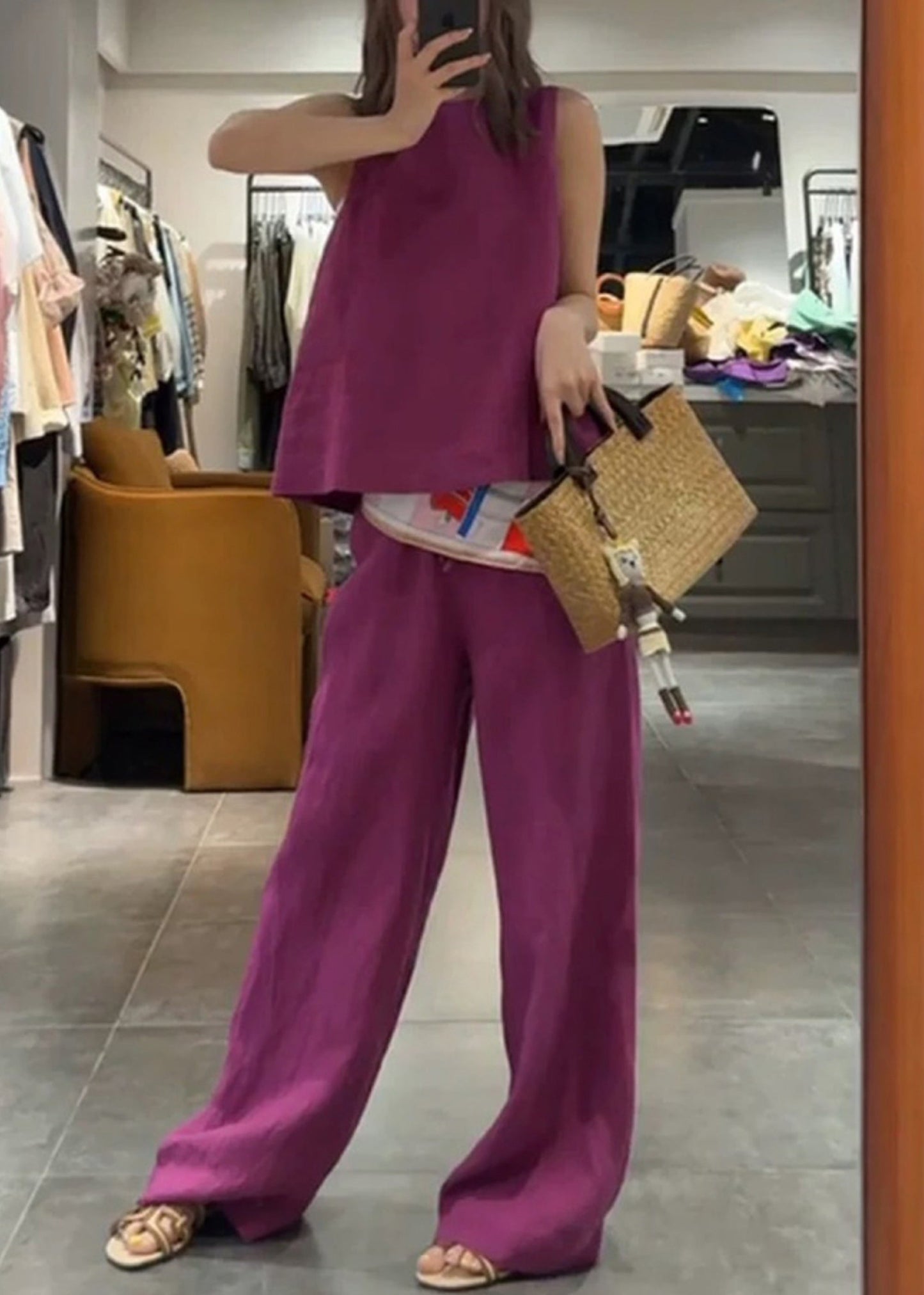 Simple Rose O Neck Solid Tank And Pants Linen Two Pieces Set Sleeveless