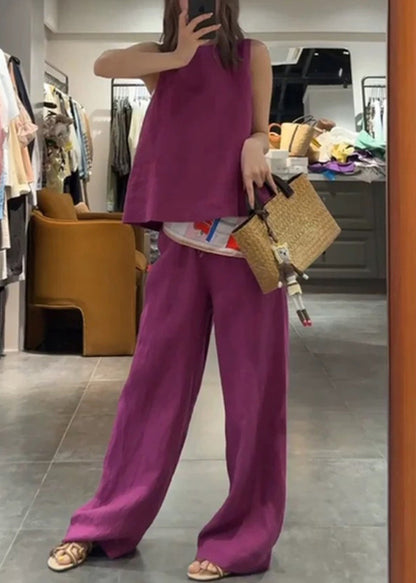 Simple Rose O Neck Solid Tank And Pants Linen Two Pieces Set Sleeveless