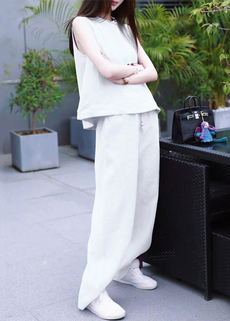 Simple Rose O Neck Solid Tank And Pants Linen Two Pieces Set Sleeveless