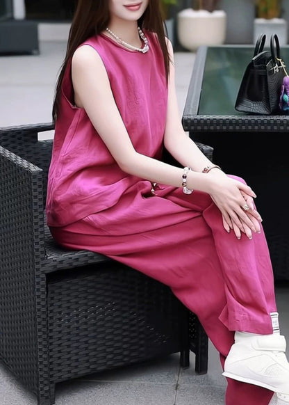 Simple Rose O Neck Solid Tank And Pants Linen Two Pieces Set Sleeveless