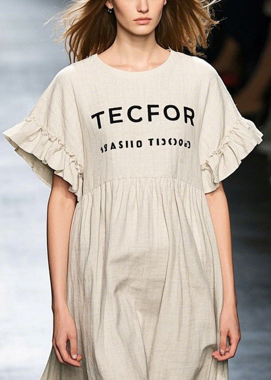 Simple Ruffled Patchwork Print Cotton Loose Dresses Summer