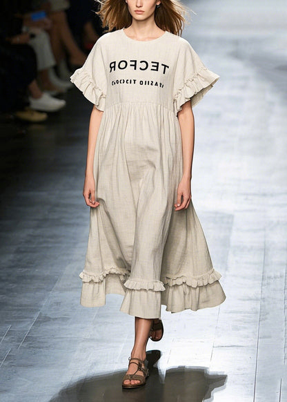 Simple Ruffled Patchwork Print Cotton Loose Dresses Summer