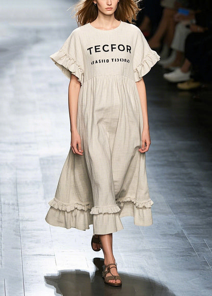 Simple Ruffled Patchwork Print Cotton Loose Dresses Summer